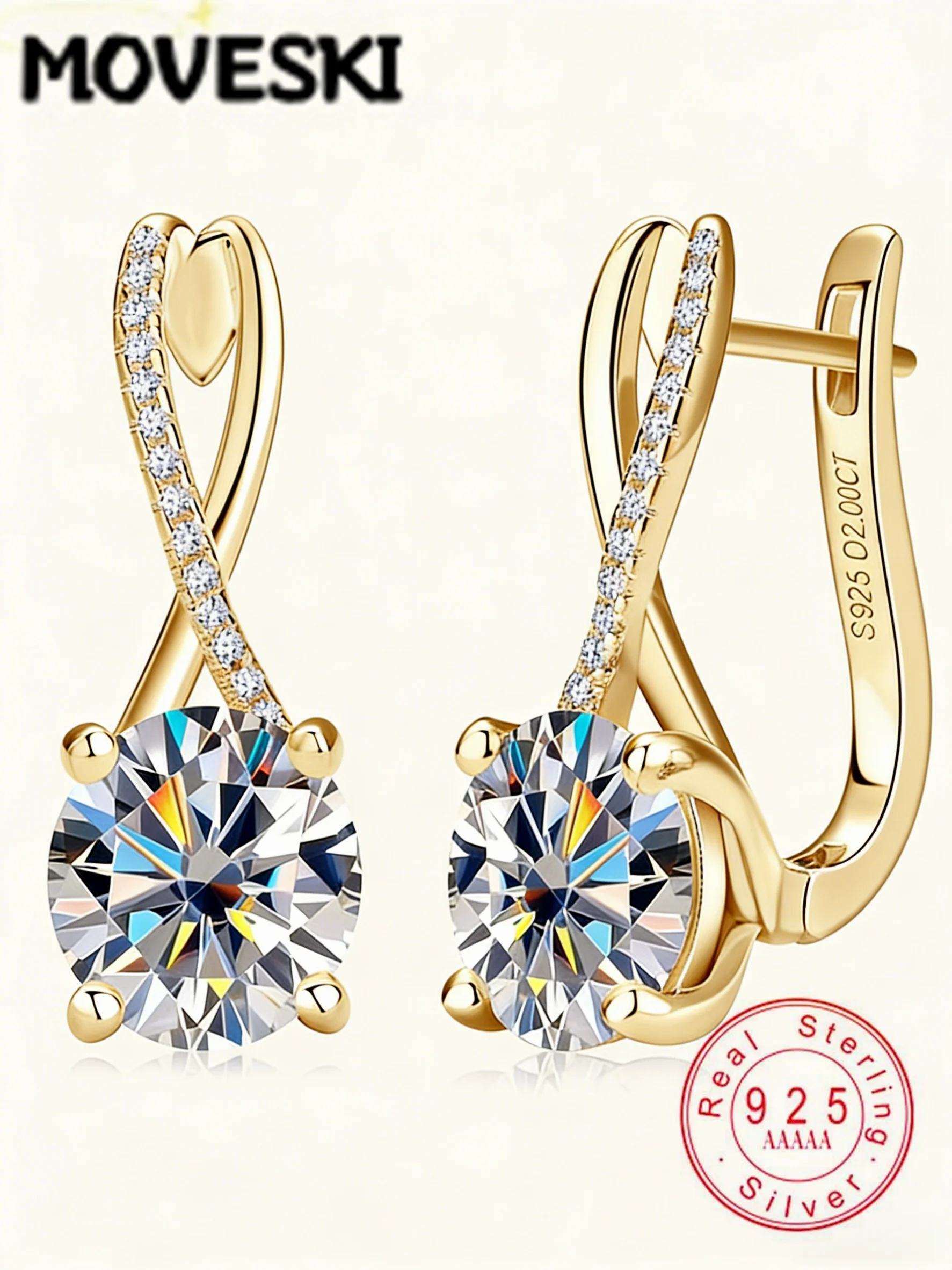 Серьги-кольца MOVESKI из стерлингового серебра 925 пробы с позолотой и муассанитом, 2.00 карата, дизайн «Бесконечность», для женщин