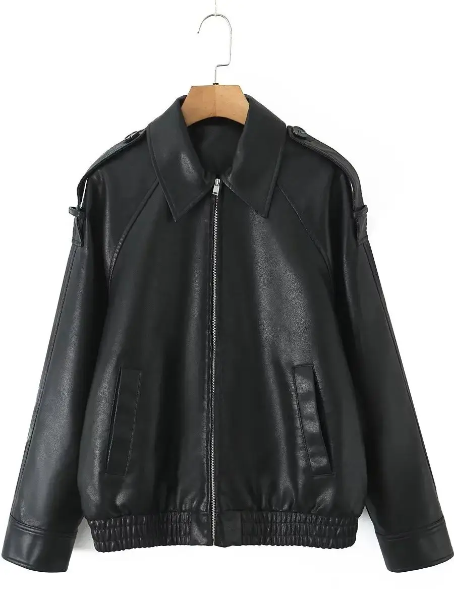 2025 New Women's Retro Loose Black Brown PU Faux Leather Jackets Lady Casual Zipper Pockets Moto Biker Oversized Coats Outwear