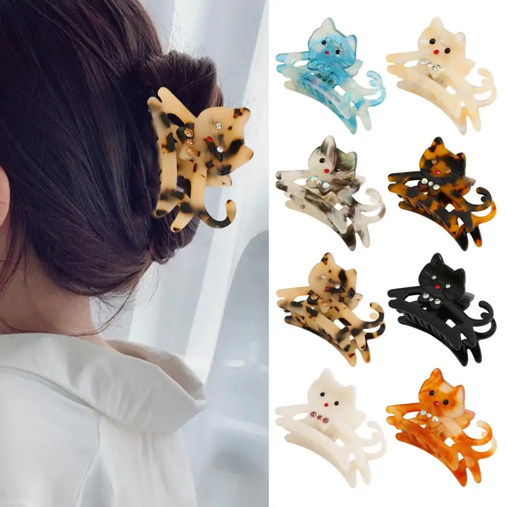 Women Hair Claw Cat Shape Hairpin Shiny Rhinestones Inlaid Hair Clip Anti-slip Teeth Back Head Shark Hair Clamp