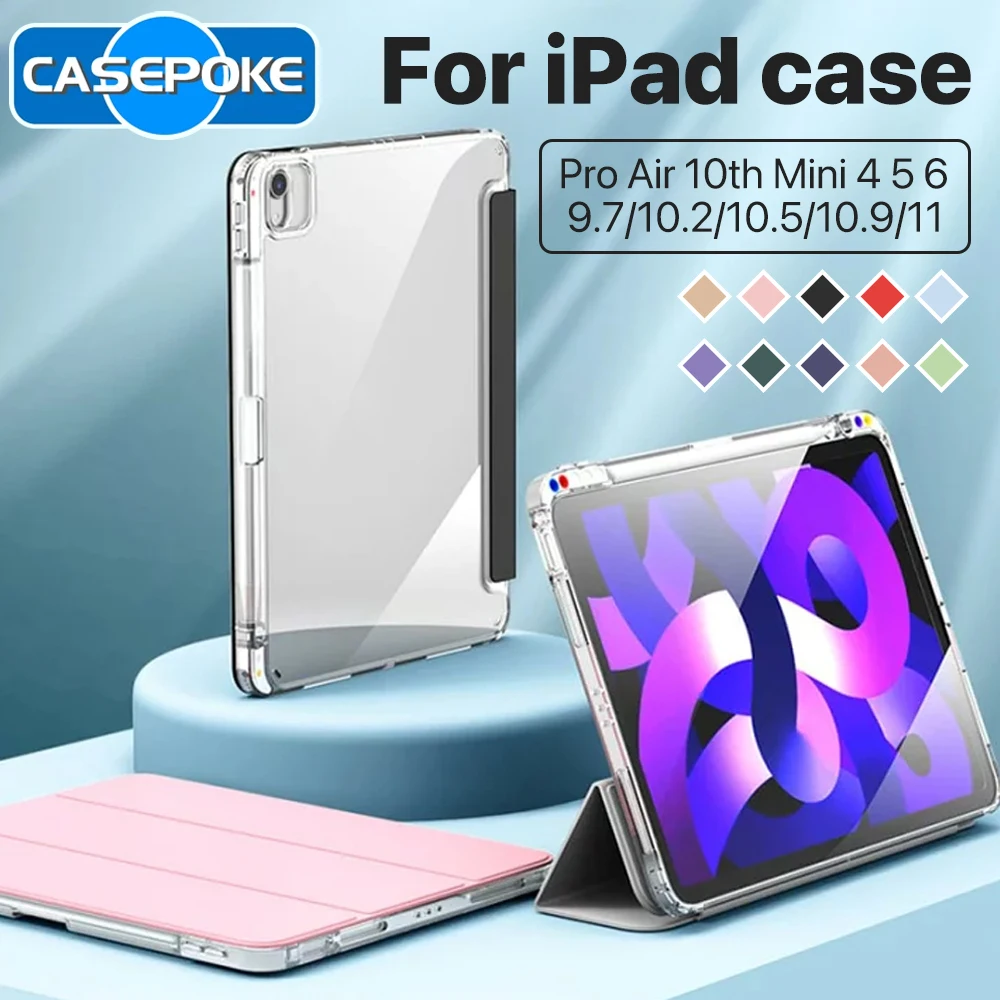 

2025 Smart Transparent Case For iPad A16 Case 10/9/8/7th Air 4 5 6 Pro 11 12.9in 2018-2022 Mini 7 6 Tablet Case With Pencil Case