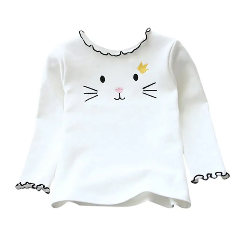 Ragazze gatto ricamo girocollo manica lunga Top bambini pizzo Stretch fondo camicia neonata Top 2-6 anni