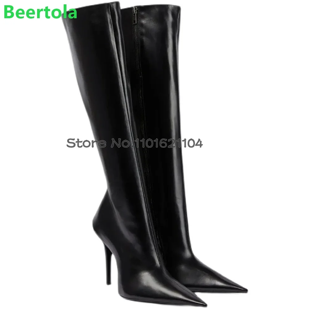 Black Thin High Heel Pointed Toe Boots For Female Women 2024 Winter New Real Leather Side Zipper Sexy Solid Fashion Elegant Shoe