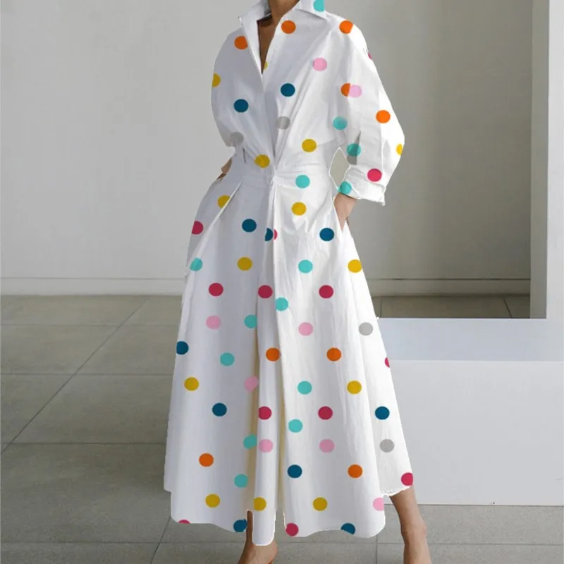 Spring New Women's Fashionable Long Sleeved V-neck Printed Dress Ladies Elegant Polka Dot Print Pocket Patchwork Large Hem Dress