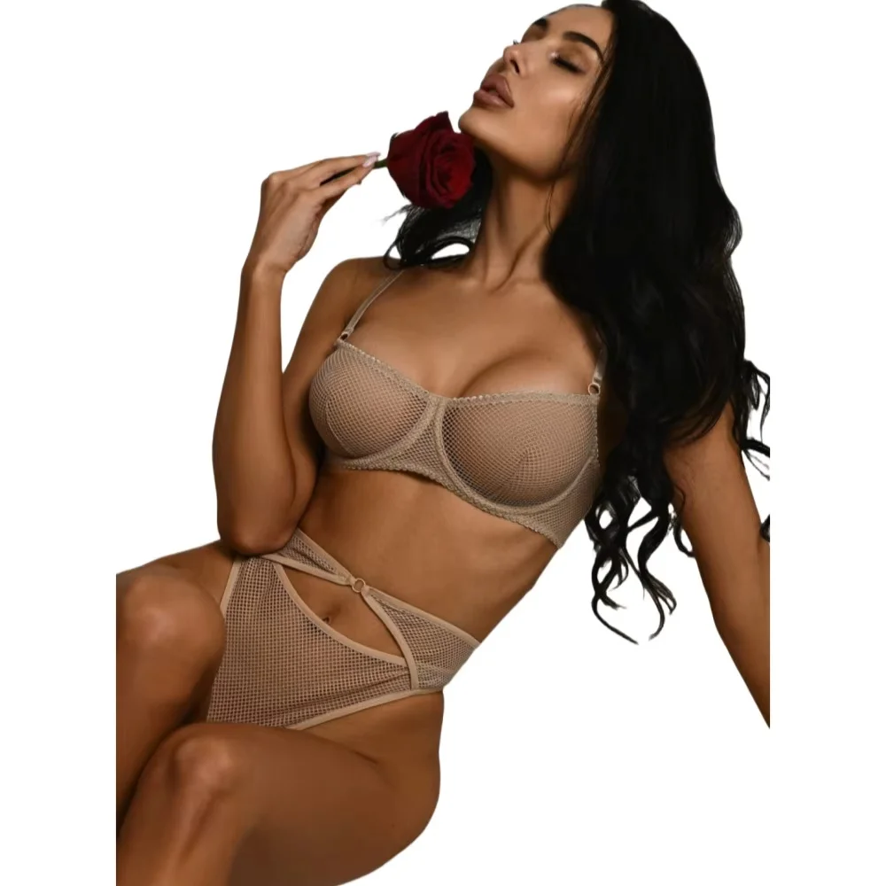 

Krasapt Super Sexy Hollow Out Lingerie Two Piece Sets Khaki See Through Bras And Panties Erotic Set Sensual Tempt Onlyfans Kits