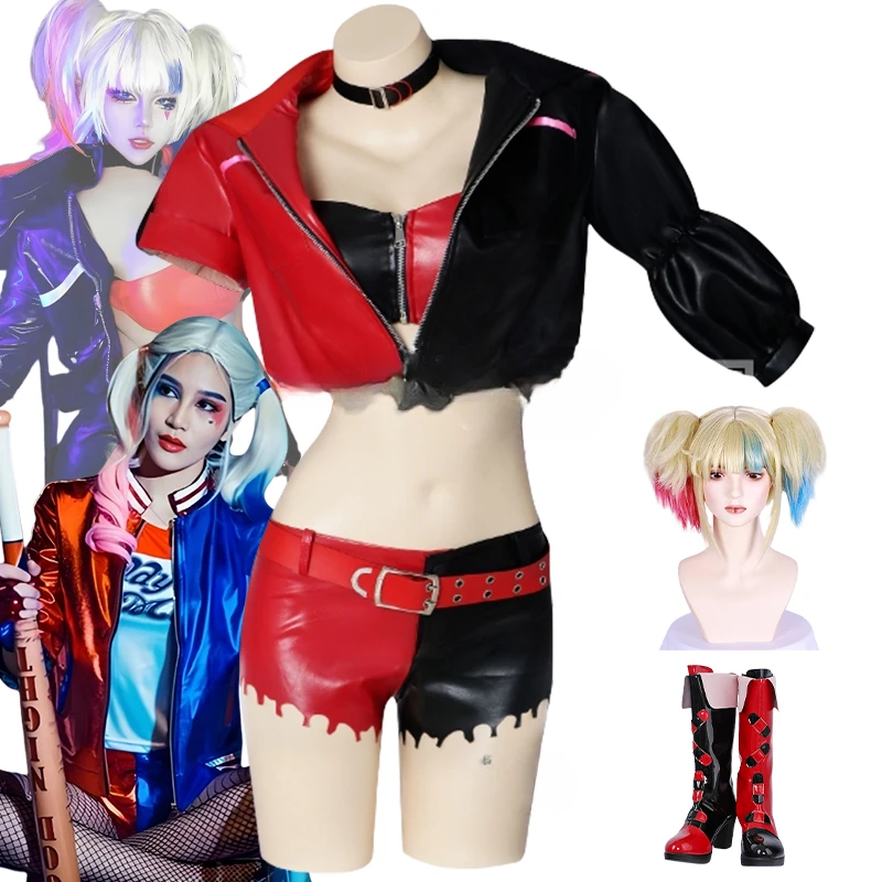 

For Harley Quinn Cosplay Costume Sexy Costume Anime Girl Halloween Party Clown Woman Leather Clothing Disfraz Red Bodysuit