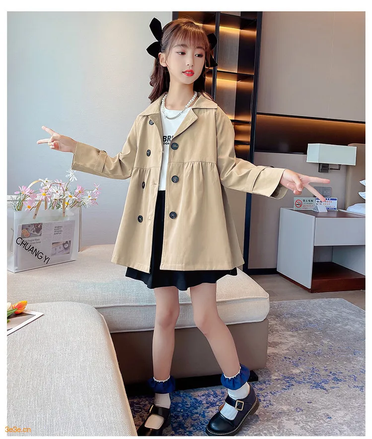 ملابس خارجية للفتيات للربيع والخريف النسخة الكورية سترة واقية كاكي مزدوجة الصدر مع مزاج عصري وأنيق #6