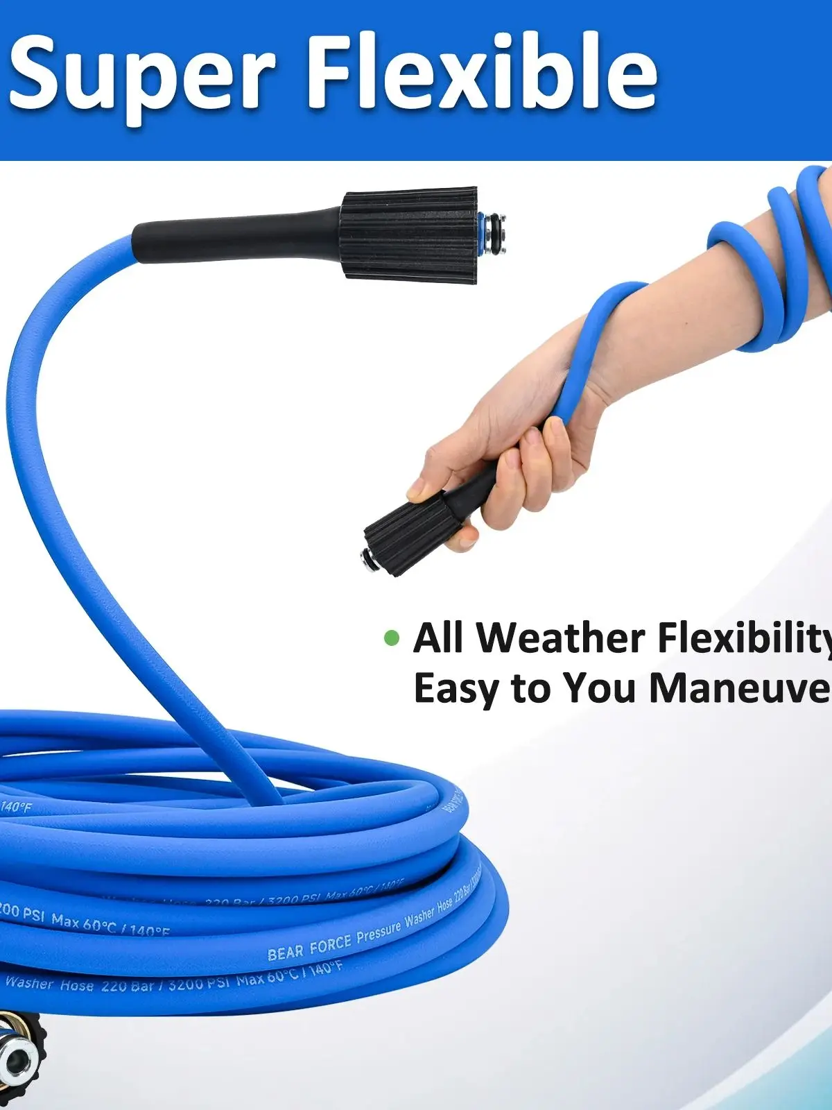 Superflexibele hogedrukreiniger waterslang met M22-14/15mm messing fitting 1/4" x 10M & 220Bar, knikbestendige verlengslang - afbeelding 2