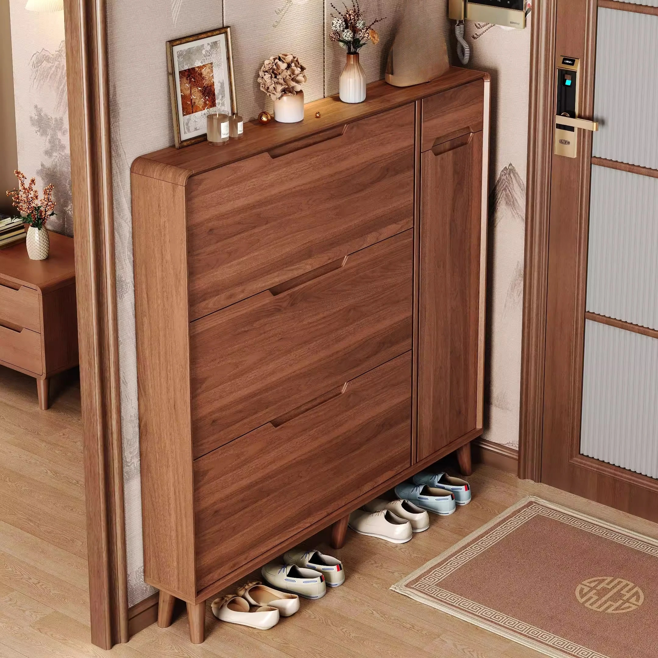 

New Chinese-style tipping bucket shoe cabinet household door storage cabinet integrated against the wall into the home shoe rack