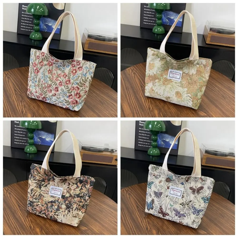 Portable Versatile Girls Handbag Leisure Large Capacity Shoulder Bag Flower Printed Lightweight Lunch Bag Daily Use