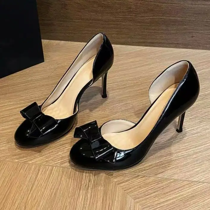 New round Head High Heels Side Open Fairy Black  Knot Slip-On Fashionable Low Cut Shoes Women's Single Shoes