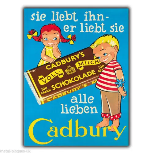 Placa de metal para pared, cartel publicitario retro vintage con impresión alemana de Cadbury, años 20, aluminio