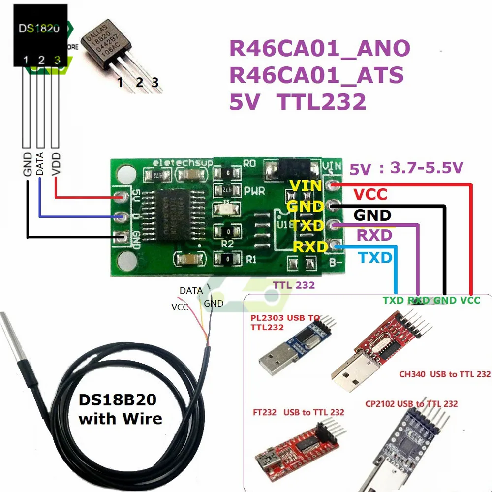 DS18B20 RS485 TTL232 Modbus RTU Temperature Acquisition Sensor Remote Acquisition Monitor Digital Thermometer Module