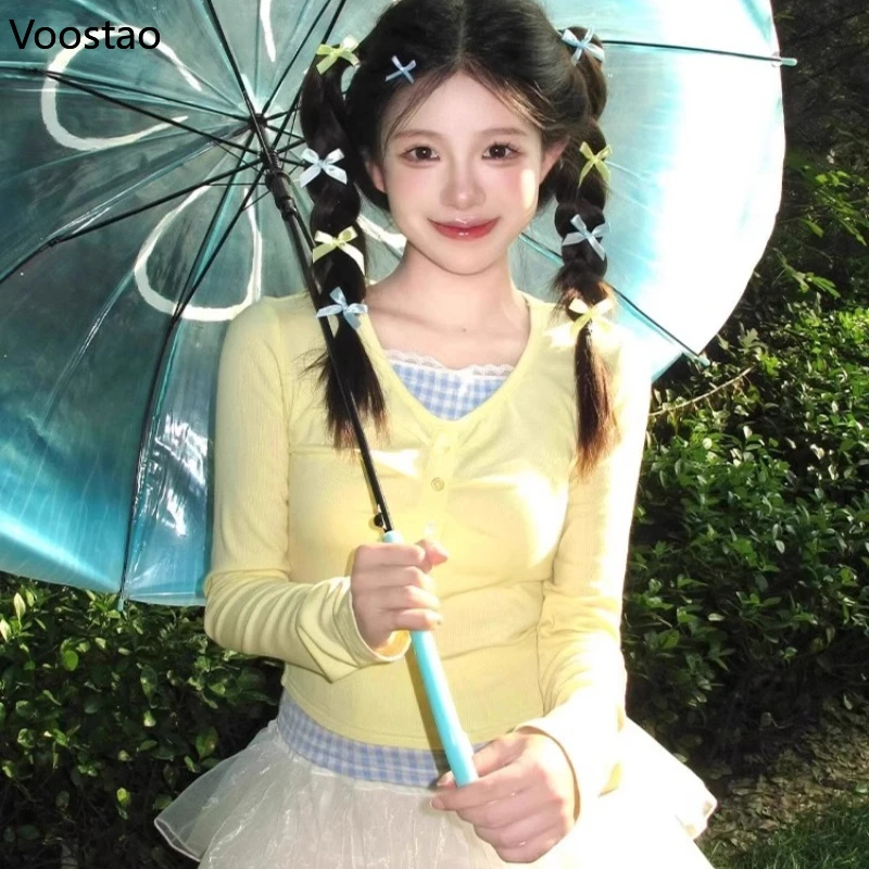 

Осенние милые футболки из двух предметов Y2k, эстетические женские кружевные клетчатые лоскутные топы с длинными рукавами, корейские женские повседневные топы ​ Футболки