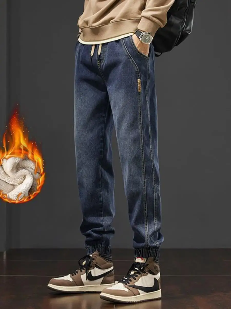 

Новые мужские джинсы Harlan свободного кроя на флисовой подкладке 2026 года, весна-осень, на все сезоны, повседневные, модные, с отворотами, универсальные, из денима