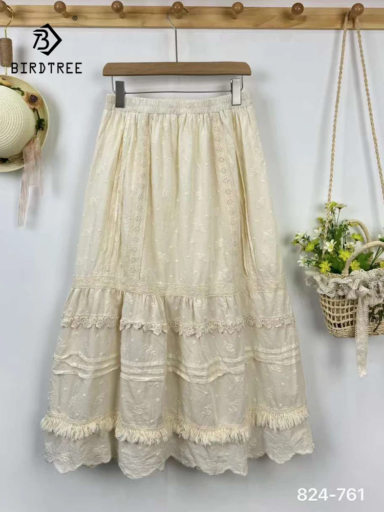 New Summer Cotton Sweet Skirts Women Elastic Waist Embroidery Skirt Mori Girl French Japan Style Skirt 2024 Autumn B47611QC