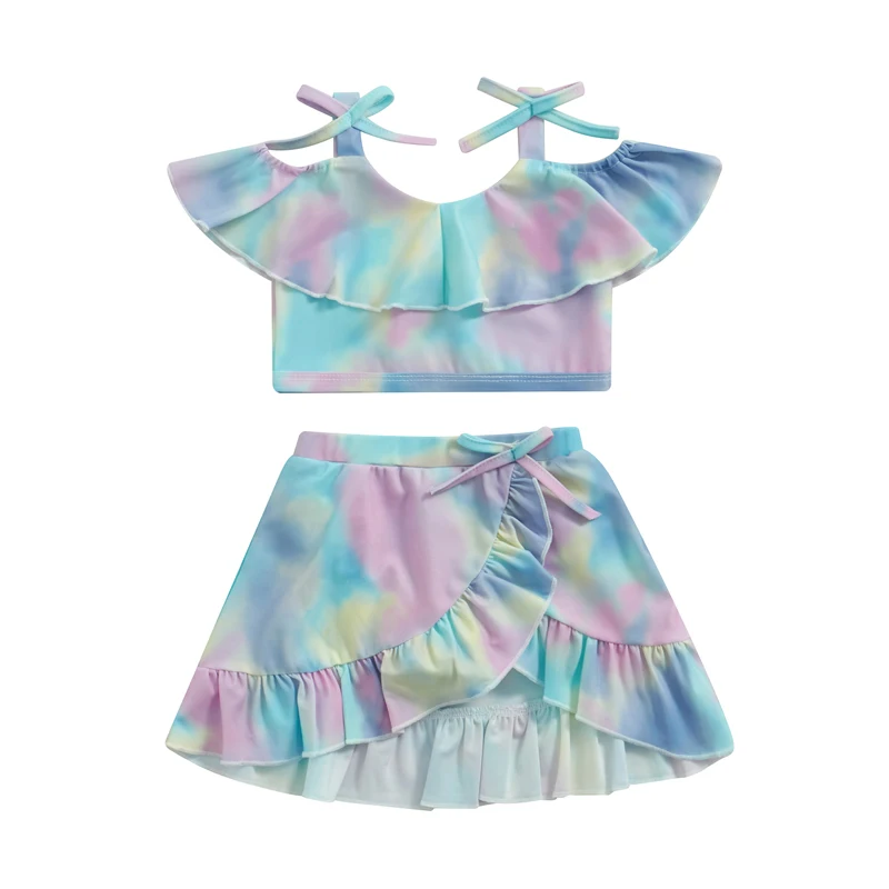 Yiiciovy Summer Lovely Kids Baby Girls 2pcs Bikini Sets Swimsuits Tie-dye Print Sleeveless Camisole+ Ruffles Beach Skirt Sets