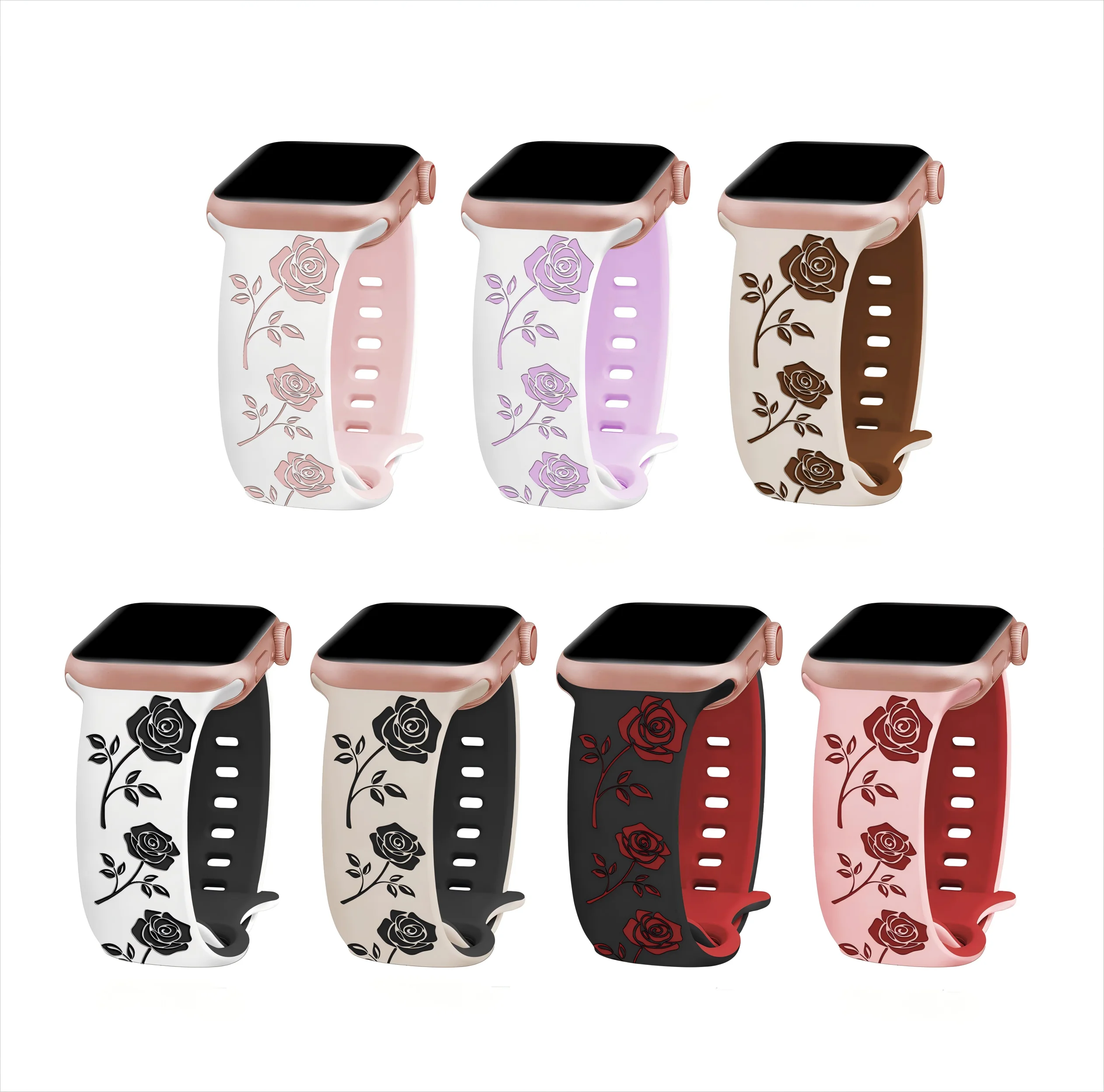 Zweifarbige blumen gravierte Uhren armbänder, kompatibel mit Apple Watch Serie 38/40/41/42/44/45/49mm für Frauen Rose Flower Soft Straps
