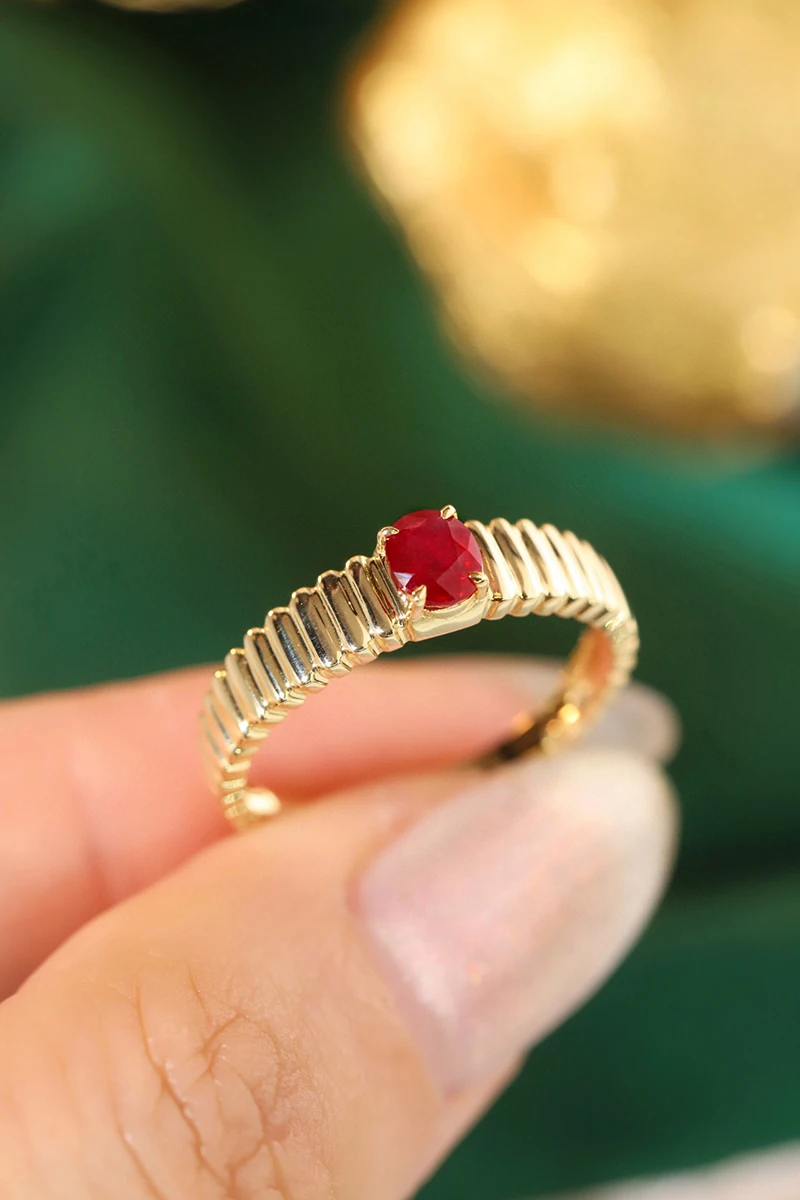 KUGG 100% 18K Yellow Gold Rings Fashion Metal Design INS Style Real Natural Ruby Engagement Ring for Women High Wedding Jewelry