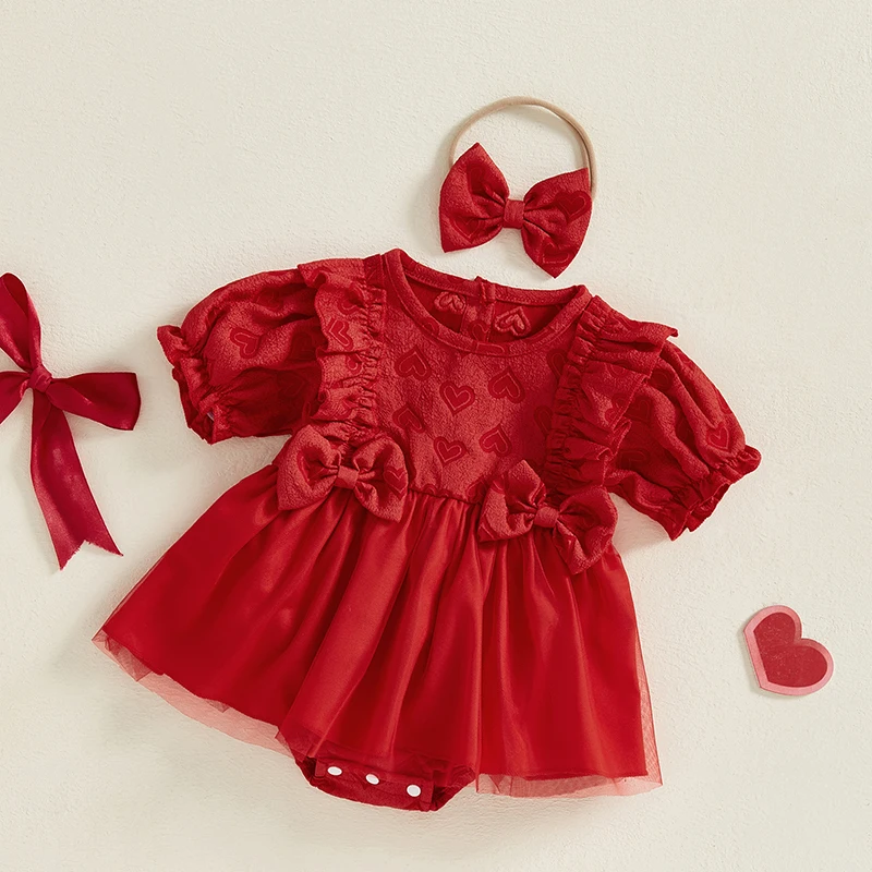 Women s Valentine s Day Off Shoulder Ruffle Dress with Heart Print and Matching Headband for a Sweet Look