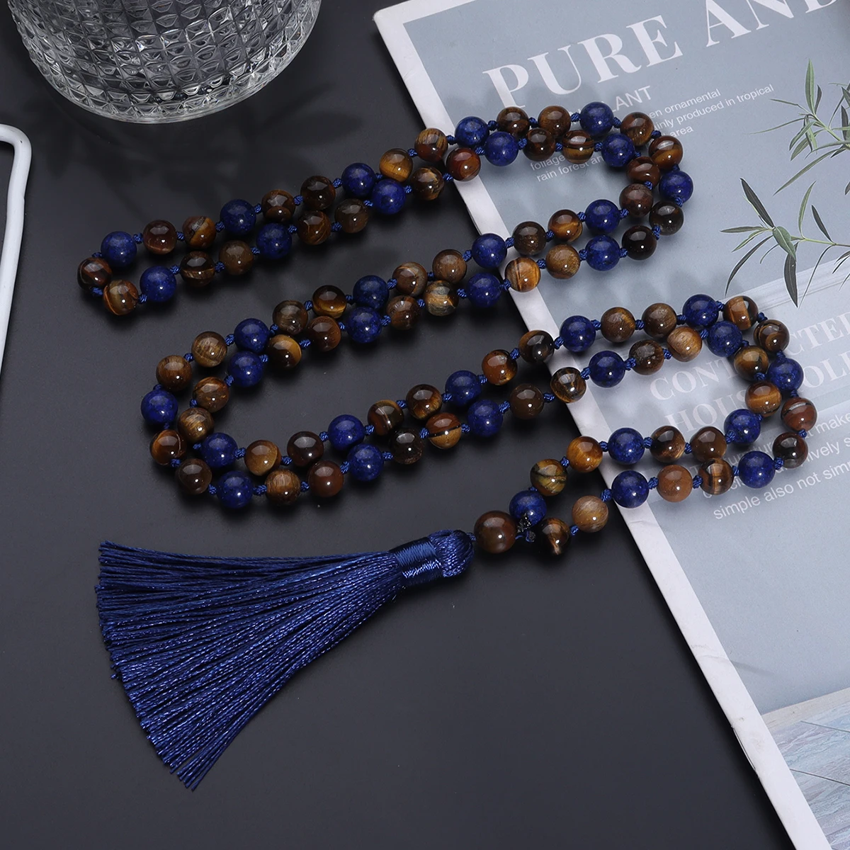 

OAIITE Lapis Lazuli Yellow Tiger Eye Necklace 108 Mala Beaded Knotted Necklace Meditation Yoga Blessing Tassel Jewelry Gift