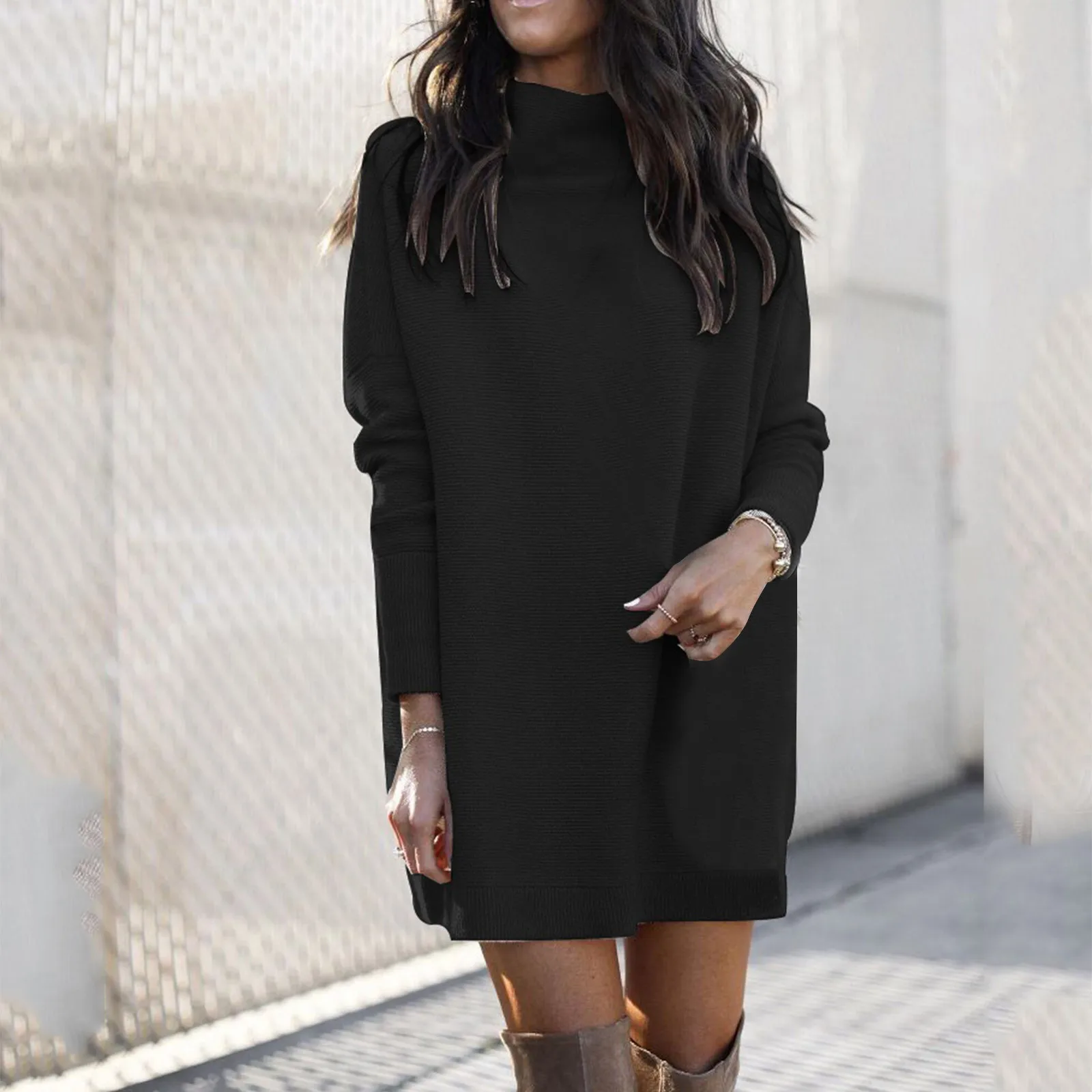 

Women'S Mock Neck Knitted Dress Autumn Winter Round Neck Flare Long Sleeve Dress For Women Solid Color Loose Sweatshirt Dresses