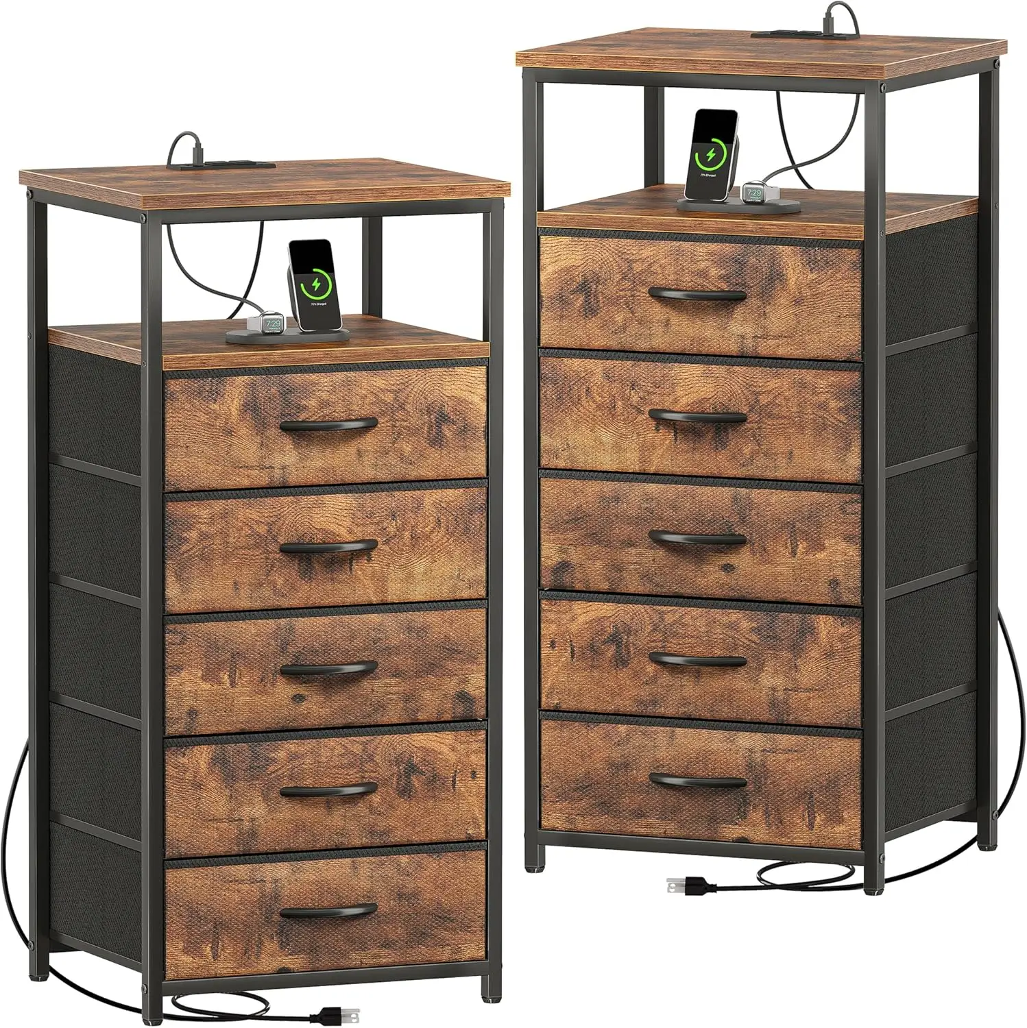 

5 Drawers Dresser with Charging Station, Set of 2, Dresser for Bedroom, Tall Night Stand, Chest of Drawers with Open Shelf