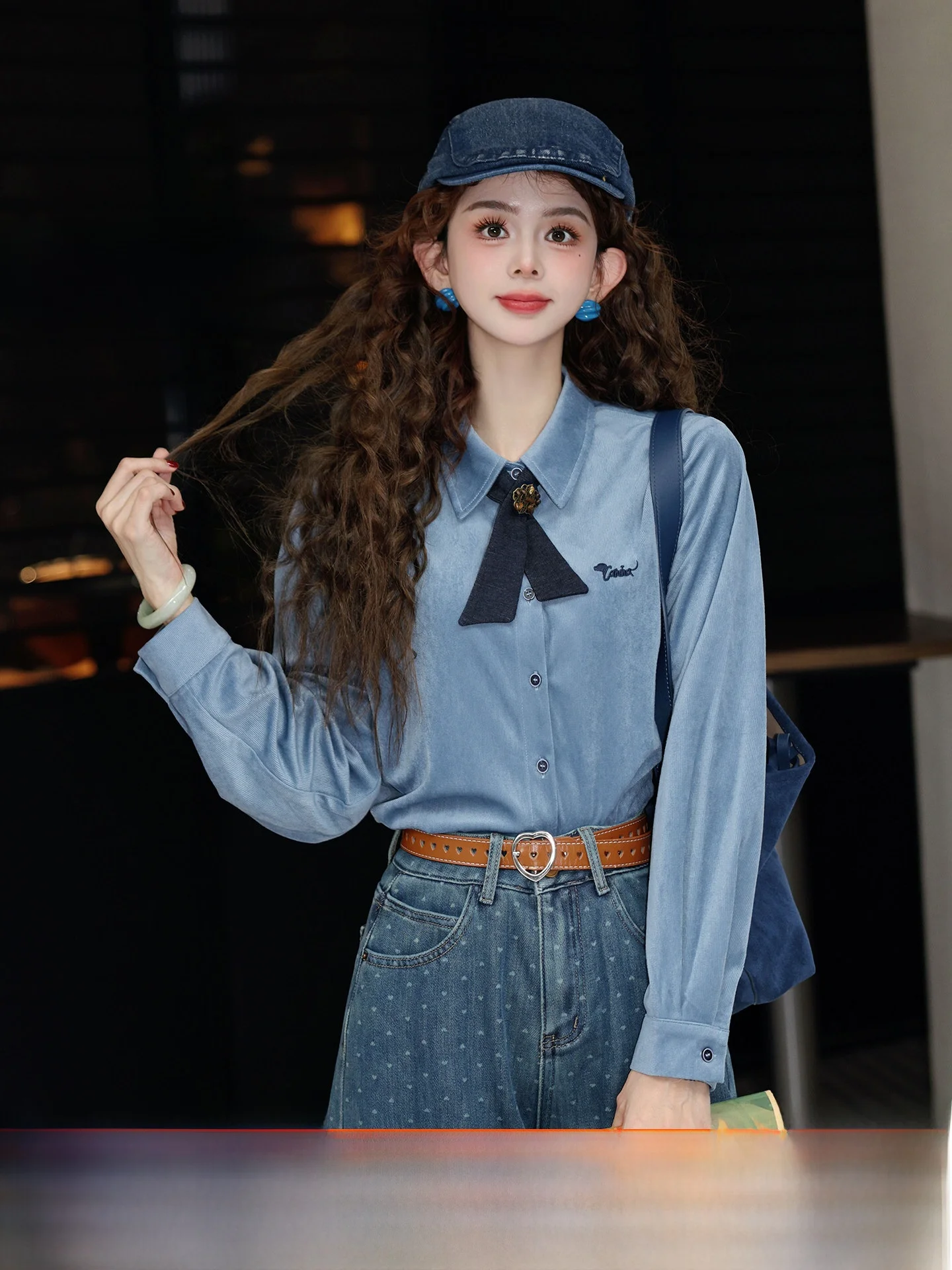 

Женская повседневная рубашка Jinghu Reflection свободного кроя с длинным рукавом, цвета озерной синевы, винтажная, с вышивкой, из полиэфирного волокна, приталенная, E...