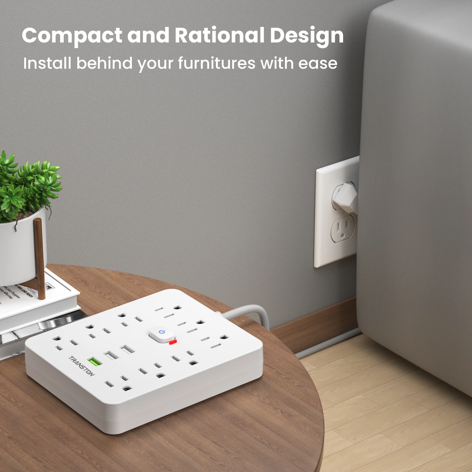 مخرج طاقة TRANSTON مع واقي من زيادة التيار، 9 شرائط طاقة 3 منافذ USB، سلك تمديد بطول 10 أقدام، شحن سريع، للمنزل والمكتب