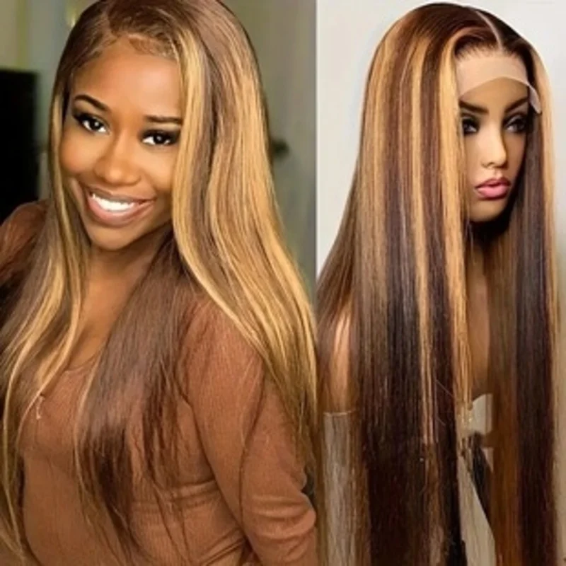 European and American fashion piano-colored lace front long wig, African highlighted middle-parted straight hair w
