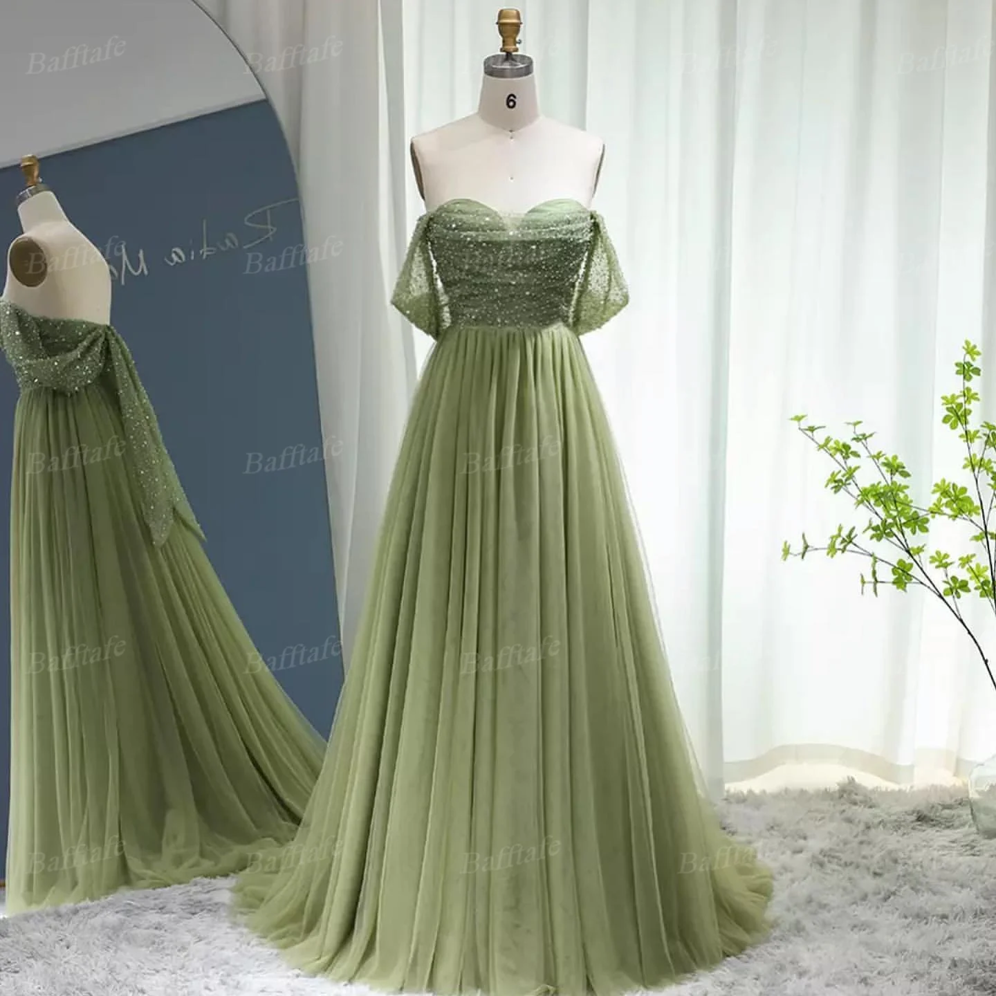 Mint Green Tulle Women Prom Dresses Sequin Off The Shoulder Pleated Formal Occasion Wedding Party Dress Evening Gowns Customized