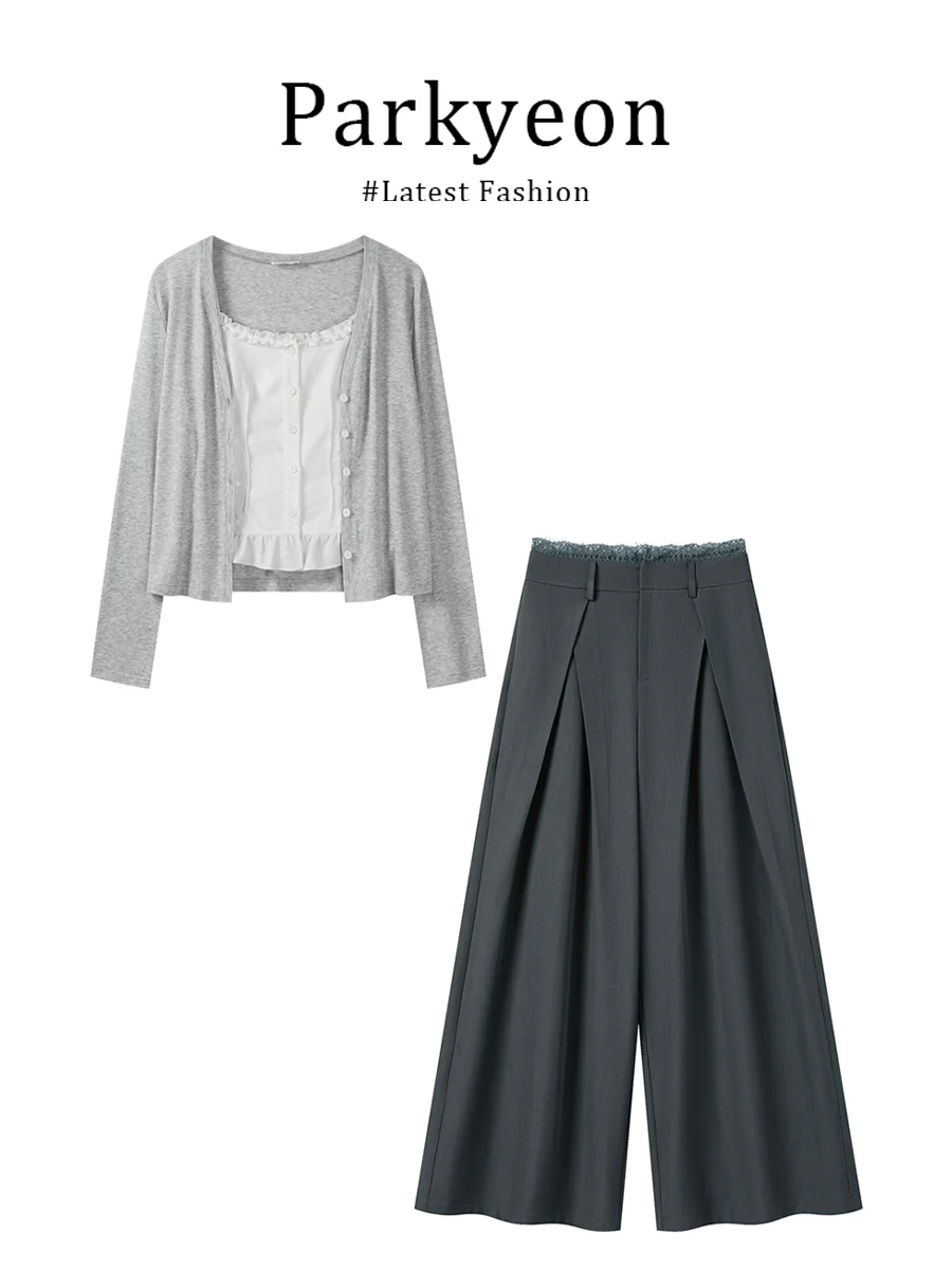 

White Parkyeon Women's Summer Lightweight Casual Cardigan Sleeveless Top And Pants Three-Piece Set Sun Protection Outerwear