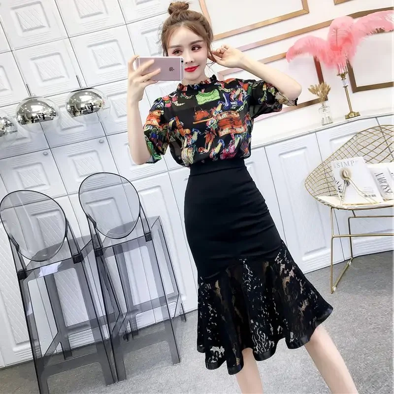 Short Sleeve Lace Sexy Ruffles Lightly Cooked Skirt 2 Pieces Sets for Women Mini Party Woman Outfit Full Matching Formal Event