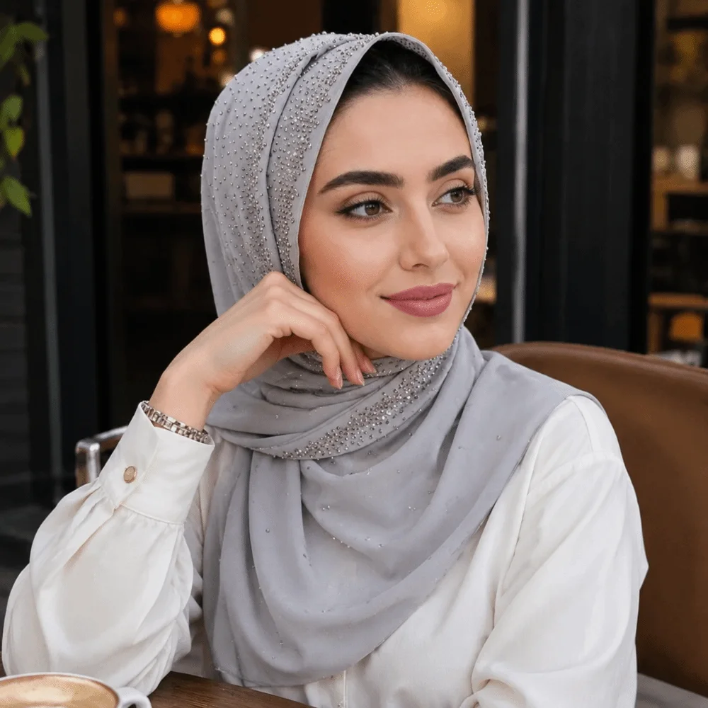 Shiny Full Cover Rhinestone Chiffon Scarf Solid Color Breathable Prayer Hijab Elegant Soft Crinkle Shawl Wedding
