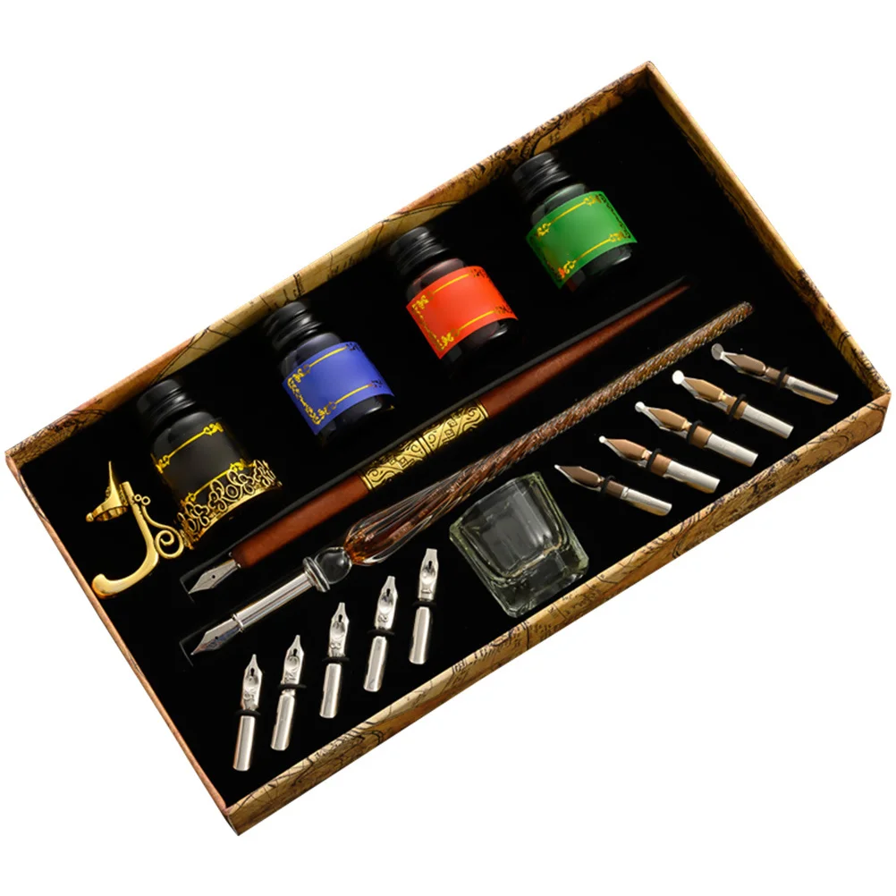Wooden Glass Dip Pen Set Vintage Style Smooth Ink Flow Calligraphy Writing Drawing Pen Set Student Stationery Signature Kit