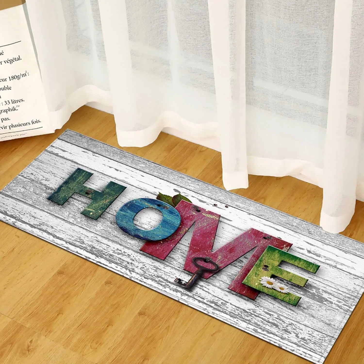 

Деревенский коврик для кухни из белого дерева с цветным узором - Моющийся комфортный коврик-дорожка в стиле фермерского дома для прачечной - Нескользящий напольный коврик для помещений