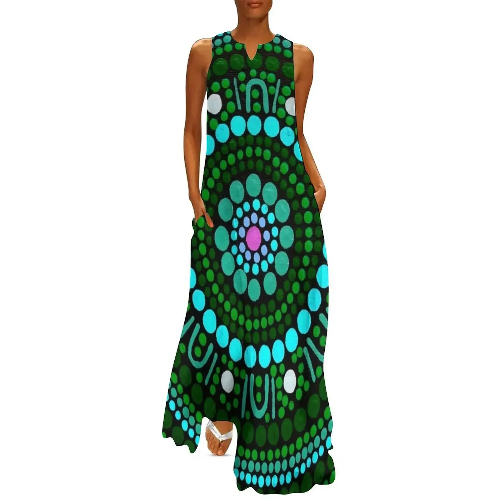 

Aboriginal Art Dot Painting Mandala Green Gathering Long Dress clothes for woman Dress