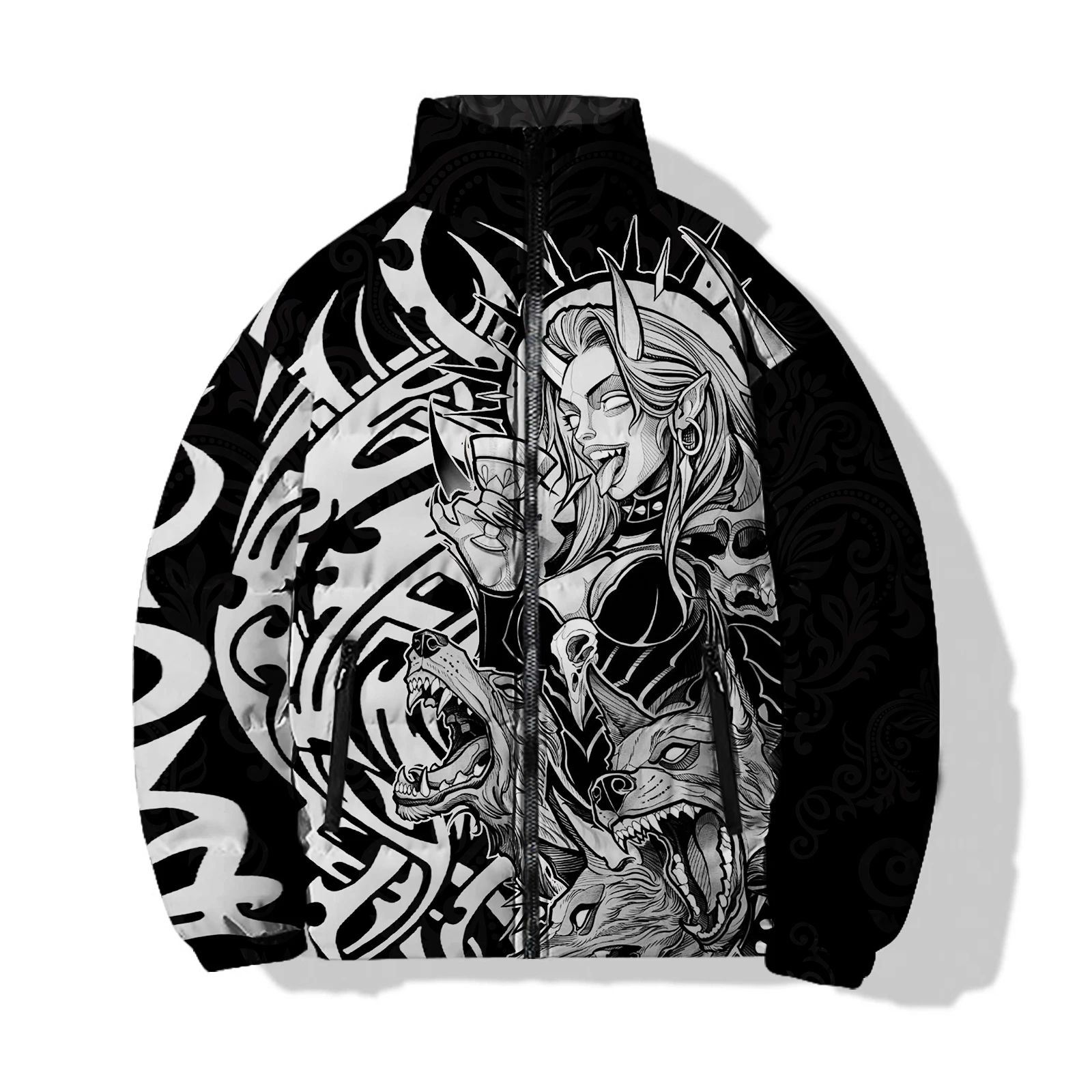 

Зимнее мужское хлопковое мужское пальто «Ведьма и волк», сохраняющее тепло, мужские пальто, куртки с черепом, мужская одежда для отдыха, крутой принт 2024, холодный