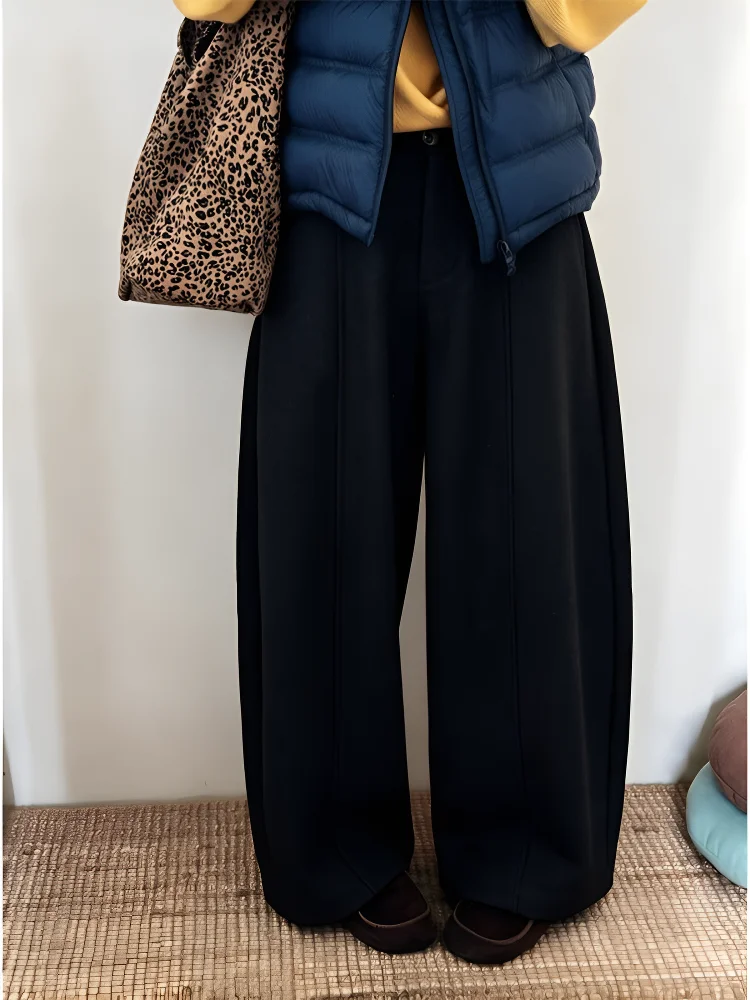 Elegant Autumn Winter Casual Pants Women's Tuxedo Suit Pants Bow Window Knit Woolen Pants Straight Leg Natural Waist
