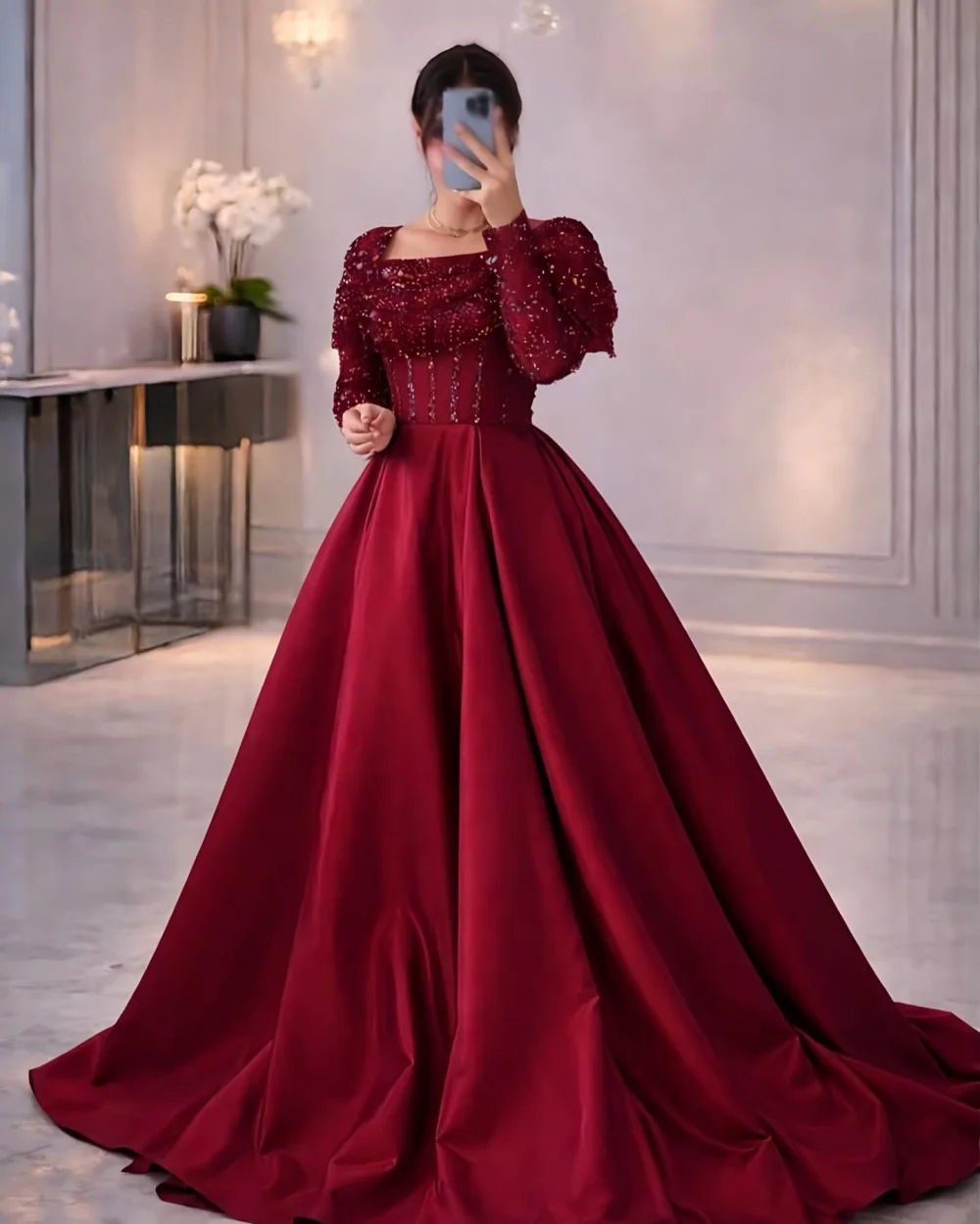 

Customized Exquisite Women Charmeuse Sequined Beading A-line Evening Dresses Elegant Retro Square Neck Long Sleeves Prom Dresses