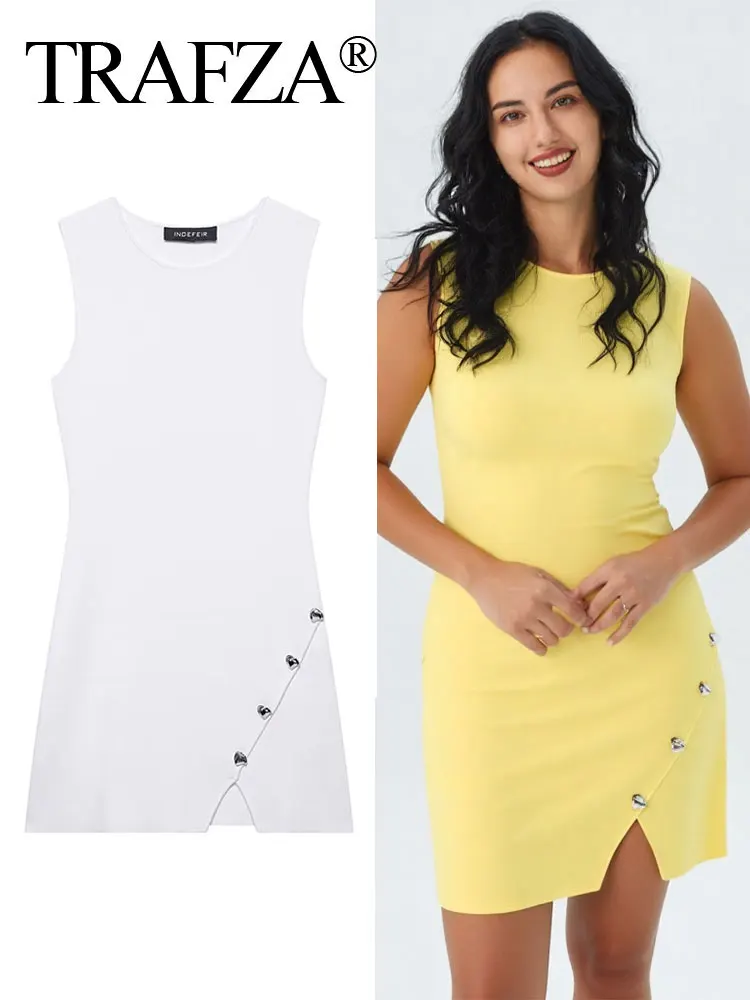 

TRAFZA Female Summer Elegant Knitted Mini Dress O-Collar Solid Sleeveless Chic Asymmetry Button Decoration Fashion Slim Dresses
