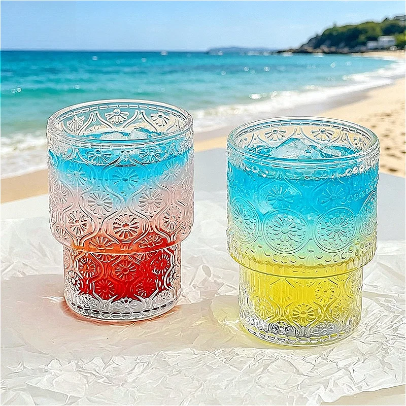 200ml Retro Embossed Sunflower Pattern Glass Cup Household Cold Drink Cup Latte Coffee Mug Creative Wine Glass Surprise Gifts