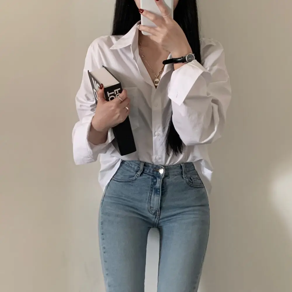 2024 Korean Style Chic Loose Shirt Temperament Simple Tops Office Lady Professional Blouse Turn Down Collar Clothes Blusas Mujer