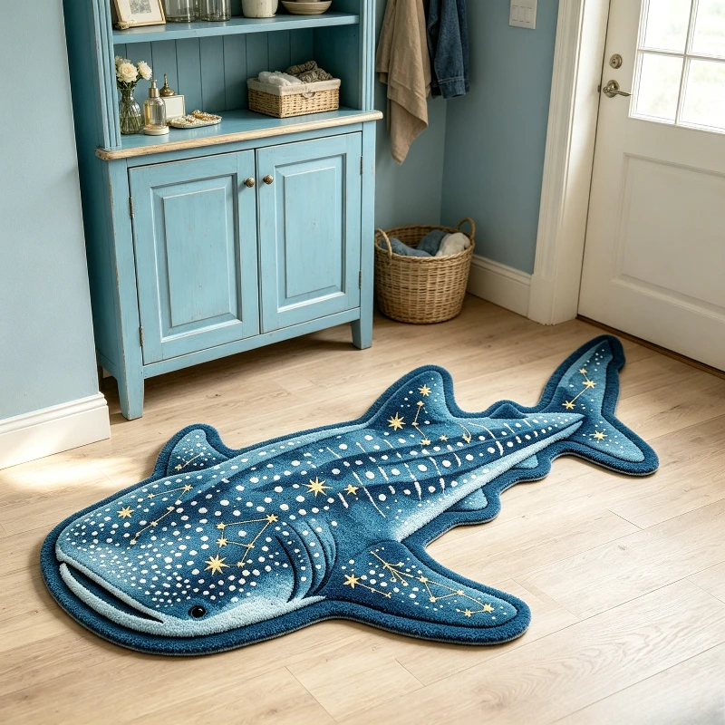 VIKAMA Constellation Whale Shark Shaped Rug Gradient Blue Starry Sky Print Fluffy Non Slip Irregular Mat Entry Kids Ocean Decor