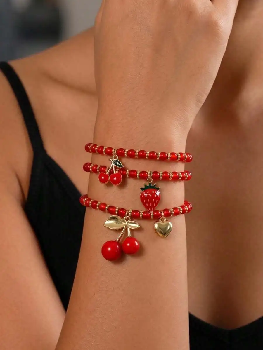 Juego de 3 piezas de collar de cuentas rojas versátiles de ABS con colgantes de cereza, fresa y corazón, adecuado para el uso diario y vacaciones de mujeres.