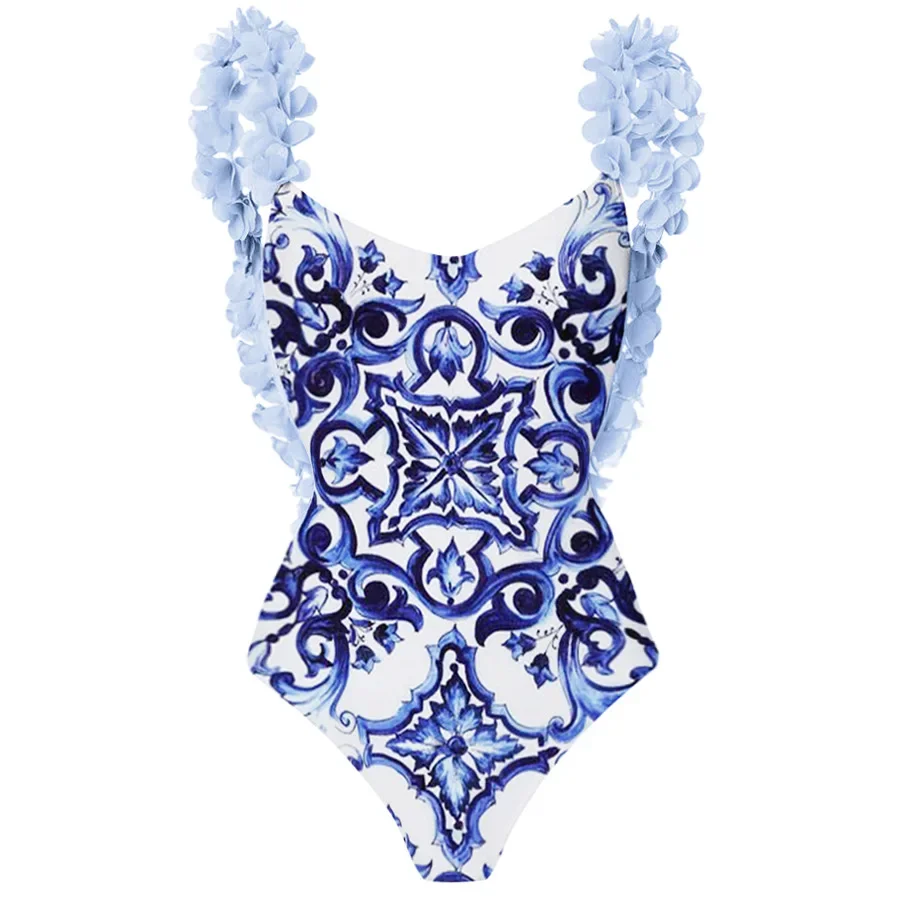 Maillot de bain rétro une pièce pour femme, combinaison dos nu, combinaison imprimée en porcelaine, bleu et blanc