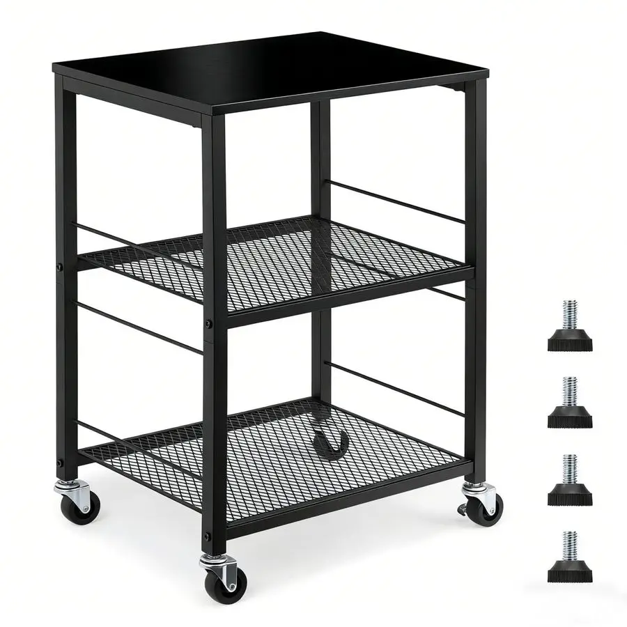 

3 Tier End Table with Wheel, Rolling Storage Shelf Side Table Nightstand for Bedroom Kitchen Living Room Office, Stable Metal Fr