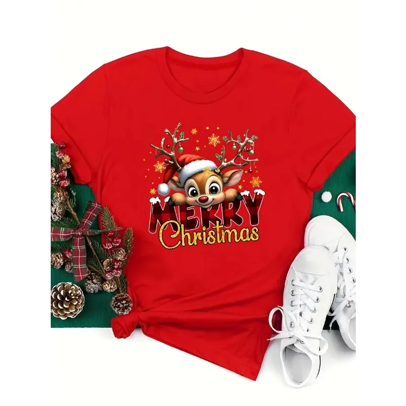 Women'S Festive Deer Christmas Graphic T-ShirtCrew Neck Short Sleeve Casual Top Harajuku Short Sleeve Casual Aesthetic Clothes