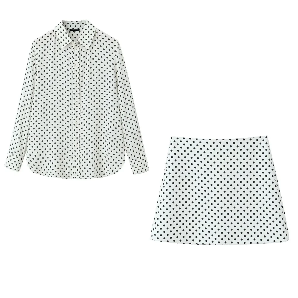 European and American Style 2024 Spring Women\'s New Casual and Fashionable Temperament Polka Dot Printed Shirt Mini Skirt Set