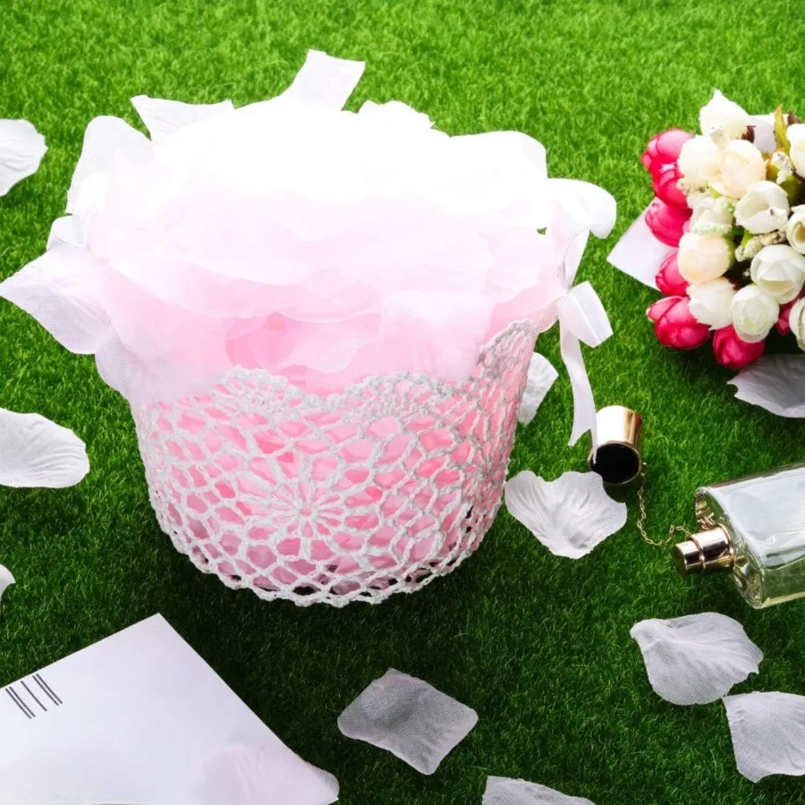 Flower Girl Basket Set of 2 White Wedding Flower Baskets with Satin Bowknot and Handle for Wedding Ceremony Petals Confetti Gif