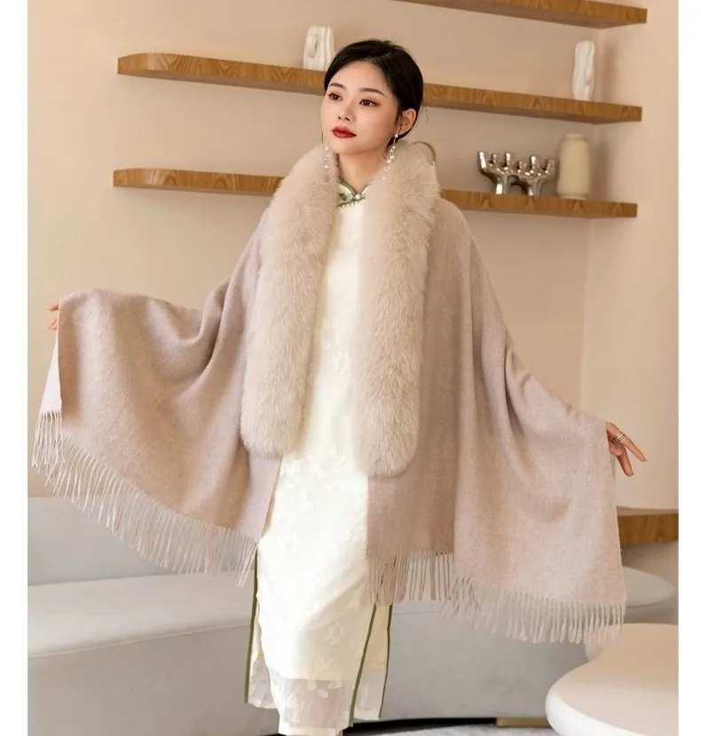 Ladies Gorgeous Outwear Real Fox Fur Collar Wool Wrap Shawl for Women CX-B-P-18